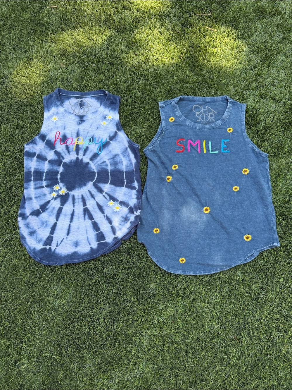 Chaser Navy Tie-Dye & Washed Blue Tank Tops with Colorful Embroidery
